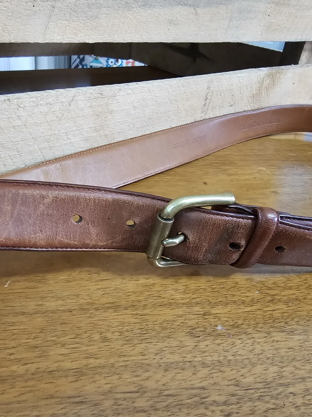Polo Ralph Lauren Italy Brown Distressed Leather Belt Brass Buckle Size 36